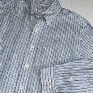 Brooks Brothers Linen Button Down Shirt Irish Linen Striped Medium Slim Fit Blue